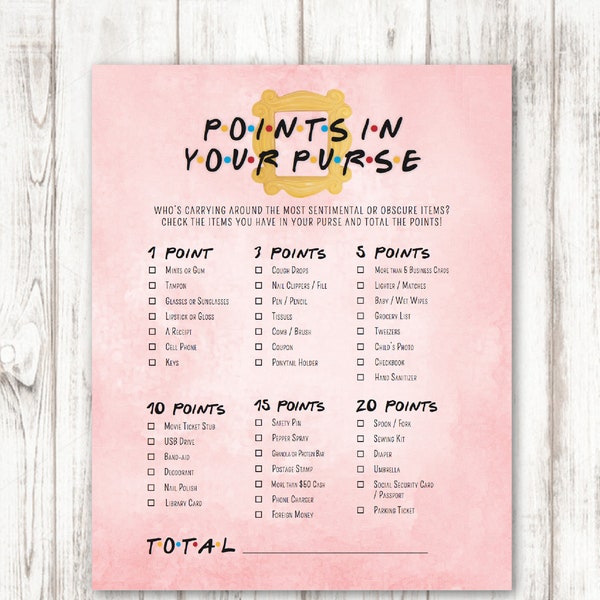 FRIENDS Points in Your Purse, Shower Game, FRIENDS Themed Shower, Baby Shower, Bridal Shower Games, Friends TV Show Shower Games, Printable