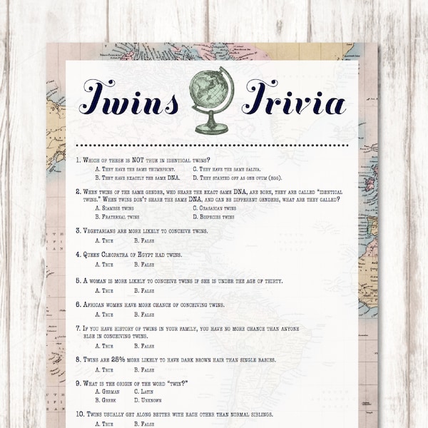 Twins Trivia Baby Shower Game, Welcome to the World, Around the World, Twin Shower, Shower Games, Twin Baby Shower, Vintage Map, Printable