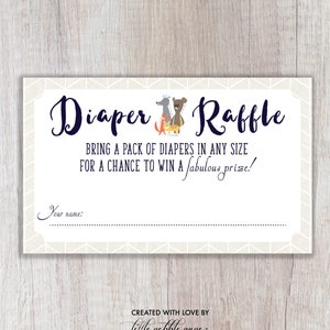 Luier loterij kaart, Baby Shower Luier loterij, genderneutrale douche, Baby Shower Game, Woodland Animal, Safari, Dier thema, afdrukbaar