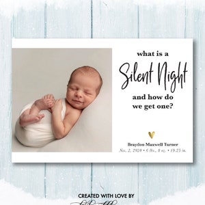 Tarjeta de Navidad de Silent Nights, Tarjeta de Navidad de Silent Night, Tarjeta para bebé recién nacido, Tarjeta con foto divertida para bebé, Anuncio de Silent Nights para recién nacido