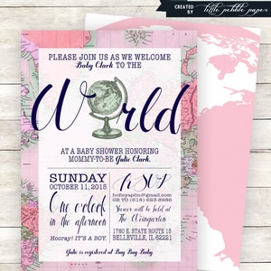Roze Welkom bij de Wereld Baby Shower Uitnodiging, Afdrukbaar, Meisje, Gender Neutraal, Reisthema, Kaart Douche, Over de hele wereld Douche