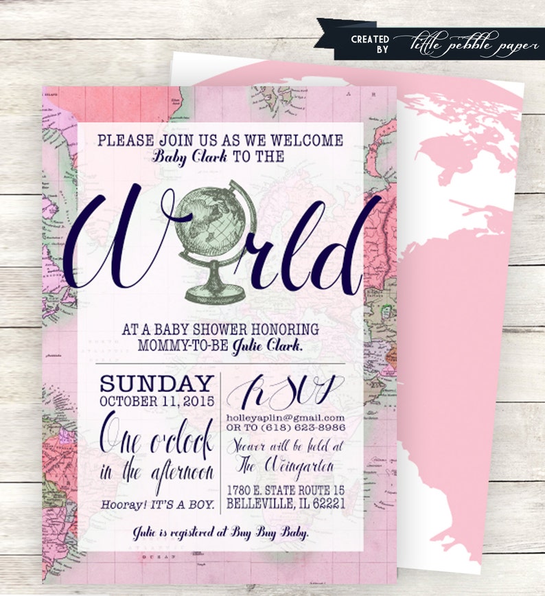 Pink Welcome to the World Baby Shower Invitation, Printable, Girl, Gender Neutral, Travel Theme, Map Shower, Around the World Shower image 1