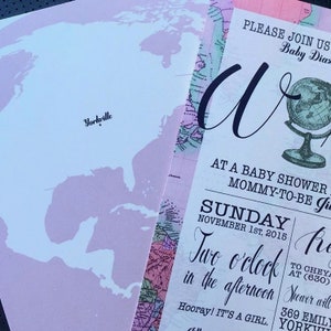 Pink Welcome to the World Baby Shower Invitation, Printable, Girl, Gender Neutral, Travel Theme, Map Shower, Around the World Shower image 3