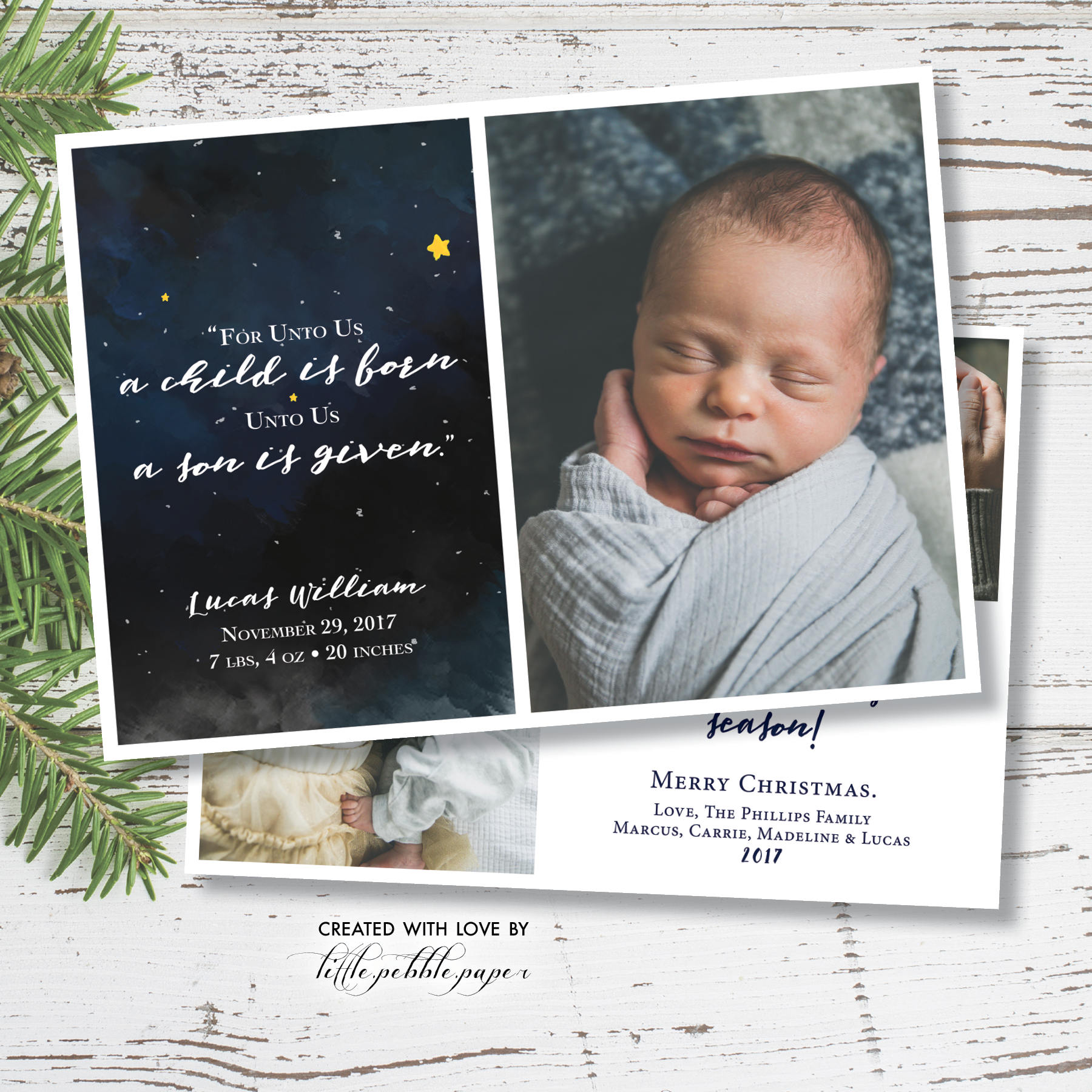 Newborn Christmas Card Christmas Birth Announcement for Unto Us