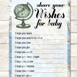 Wünsche für Baby Shower Spiel druckbar, Willkommen in der Welt Baby Shower, Junge, Dusche Aktivität, Rund um die Welt, Globus, Reise Thema Digital