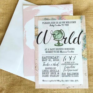 Pink Welcome to the World Baby Shower Invitation, Printable, Girl, Gender Neutral, Travel Theme, Map Shower, Around the World Shower image 6