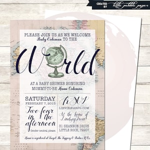 Welkom bij de Wereld Baby Shower Uitnodiging, Afdrukbaar, Baby Meisje Douche, Gender Neutraal, Reizen Douche, Globe, Kaart Thema, Over de hele wereld