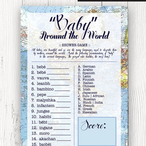 Bienvenue dans le jeu World Baby Shower - Baby in the Languages of the World, Carte, Thème Welcome to World Baby Shower, Jeux Baby Shower