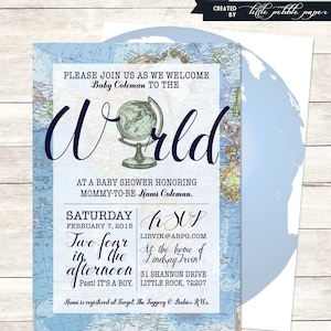 Blue Welcome to the World Baby Shower Uitnodiging, Afdrukbaar, Jongen Welkom bij de Wereld Douche, Boy Meets World Baby Shower, Over de hele wereld
