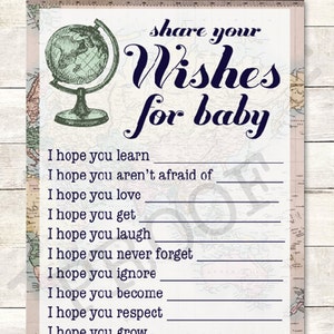 Wishes for Baby Shower Juego Imprimible, Welcome to the World Baby Shower, Wishes Shower Activity, Around the World, Globe, Travel Theme