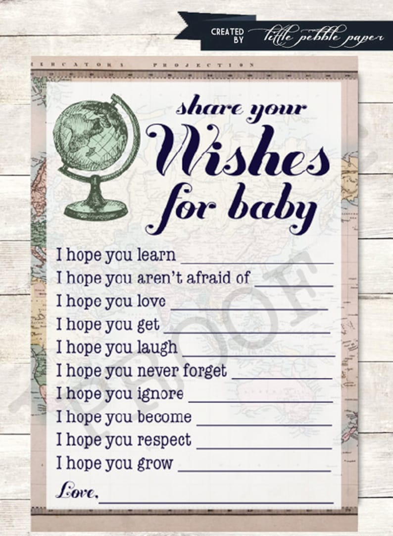 Wishes for Baby Shower Game Printable, Welcome to the World Baby Shower, Wishes Shower Activity, Around the World, Globe, Travel Theme 