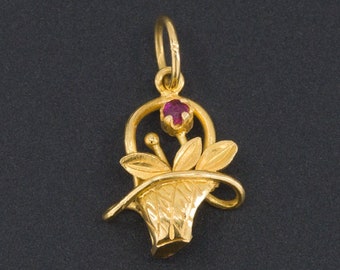 Vintage Flower Basket Charm of 18k Gold