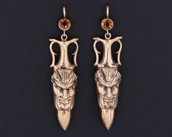 Antique Reproduction Greenman with Citrine Earrings of 14k Gold