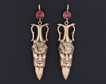 Antique Reproduction Greenman Earrings with Garnets of 14k Gold