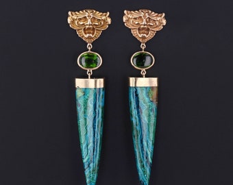 Chrysocolla and Green Tourmaline Greenman Earrings of 14k Gold