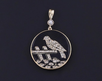 Antique Diamond & Enamel Bird Pendant of 14k Gold