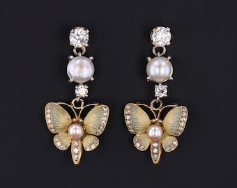Vintage Enamel Diamond and Pearl Butterfly Earrings