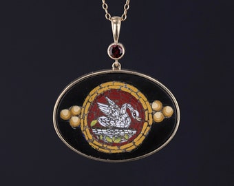 Antique Micromosaic Swan Necklace of 14k Gold