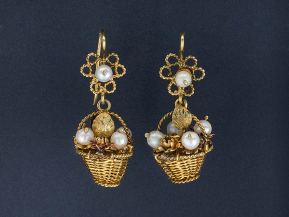 Vintage Flower Basket Earrings | 10k Gold Earrings