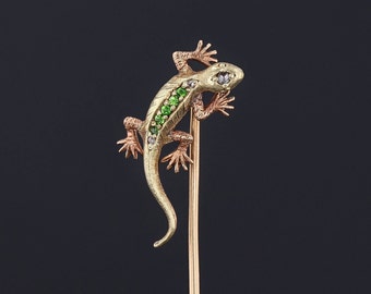 Antique Demantoid Garnet Lizard Stickpin of 14k Gold