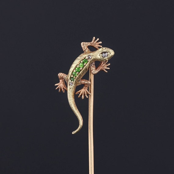 Antique Demantoid Garnet Lizard Stickpin of 14k G… - image 1