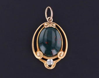 Antique Bloodstone and Diamond Charm of 14k Gold