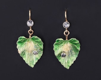 Antique Enamel Leaf Conversion Earrings of 14k Gold