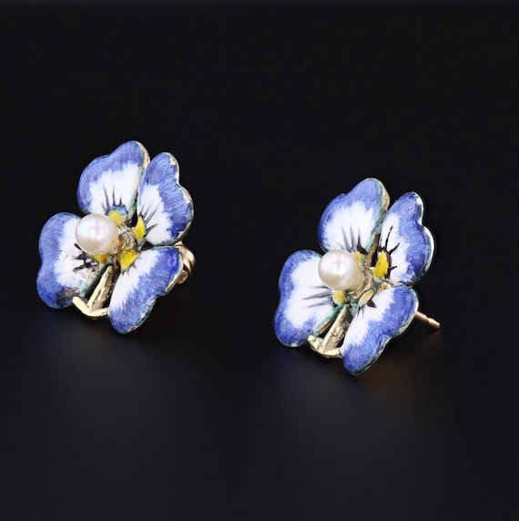 Antique Enamel and Pearl Pansy Earrings 14k Gold - image 2