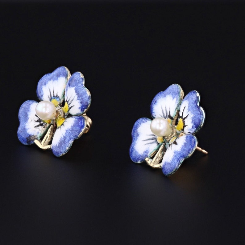 Antique Enamel and Pearl Pansy Earrings 14k Gold image 2