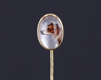 Antique Reverse Painted Crystal Dog Pin of 18k Gold