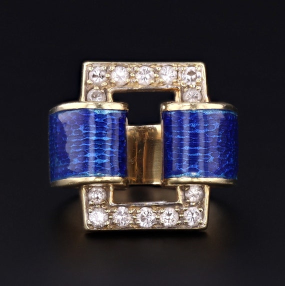 Retro Blue Enamel & Diamond Ring | 14k Gold Ring |