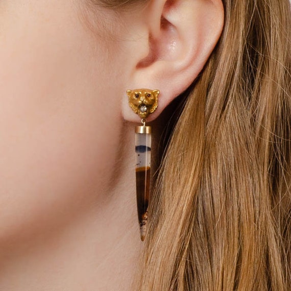 Montana Agate and Diamond Lion Conversion Earring… - image 5