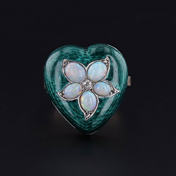 Antique Opal & Enamel Heart Ring of 14k Gold - image 1