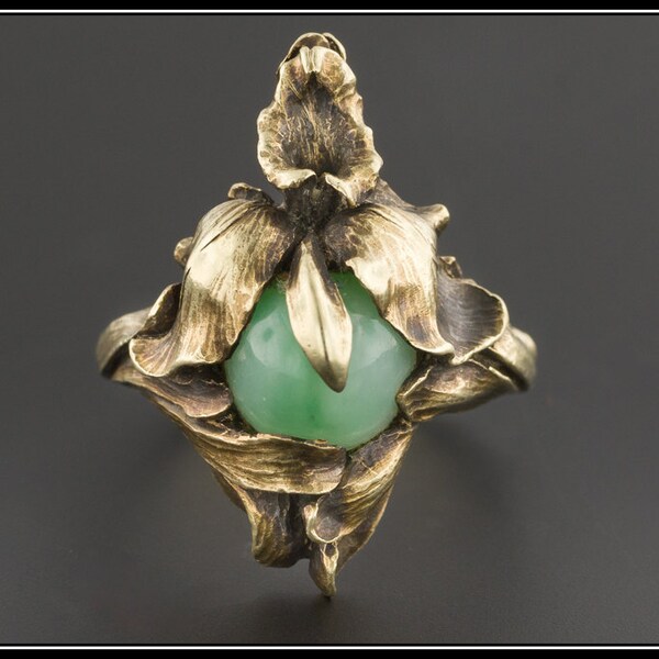 Antiguo anillo de Jade | Anillo de Nouveau del arte | 14k anillo de oro | Anillo de Iris o de la orquídea | Anillo de flor de oro de 14 k | Antiguo anillo | Anillo de oro amarillo