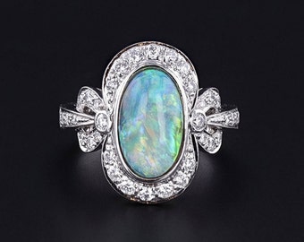 Semi Black Opal and Diamond Ring of 18k White Gold