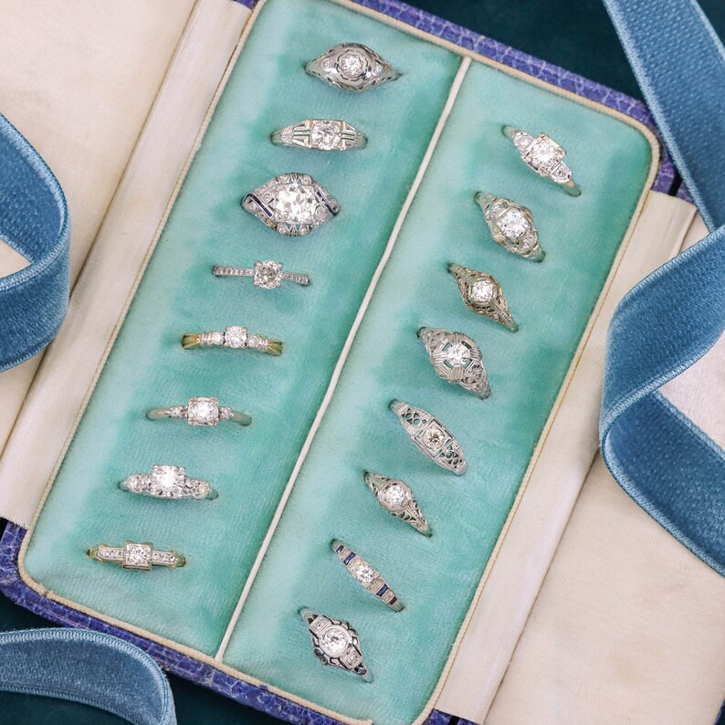 Art Deco Diamond Filigree Engagement Ring of 18k White Gold image 6