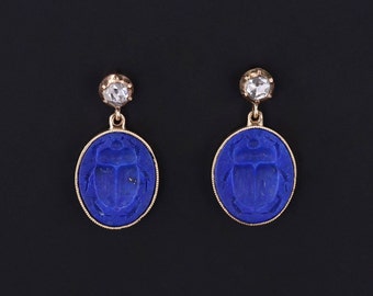 Lapis Lazuli Scarab Earrings with Diamonds in 14k Gold