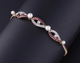 Antique Ruby Diamond and Pearl Bracelet of 14k Gold
