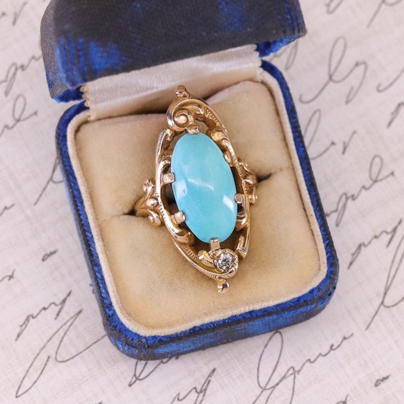 Antique Turquoise and Diamond Ring of 10k Gold - image 1