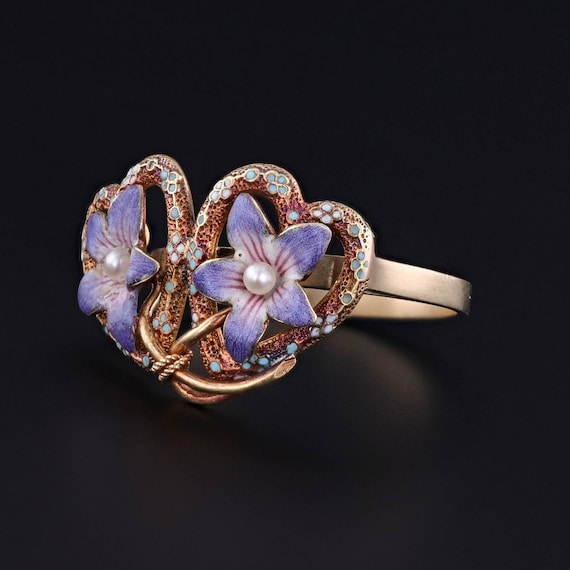 Antique Enamel Violet Heart Ring of 14k Gold - image 3
