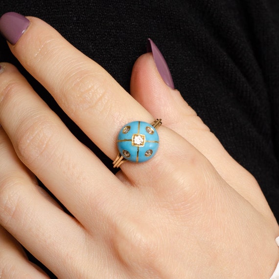 Antique Turquoise Enamel Conversion Ring of 14k G… - image 5