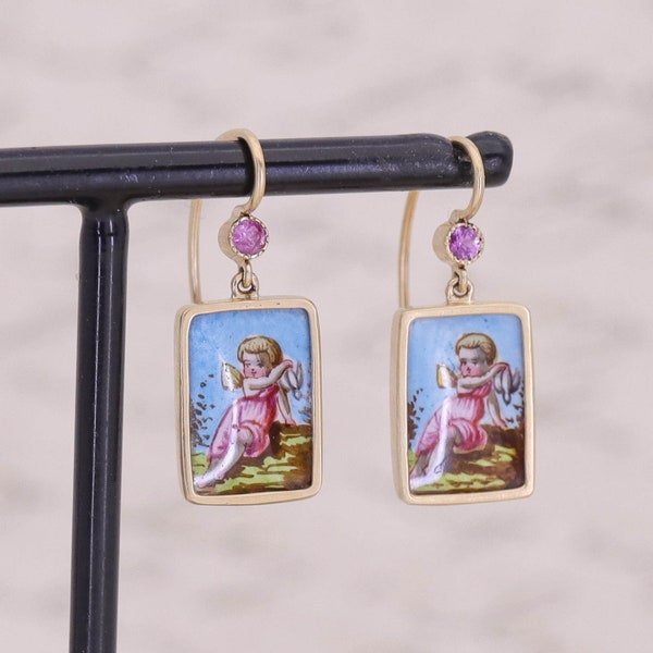 Antique Enamel Cherub Earrings of 14k Gold