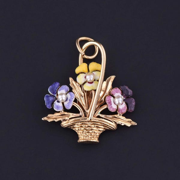 Vintage Enamel Pansy Charm of 14k Gold