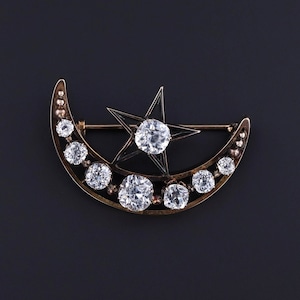 Antique Paste Crescent Moon and Star Brooch of 9ct Gold