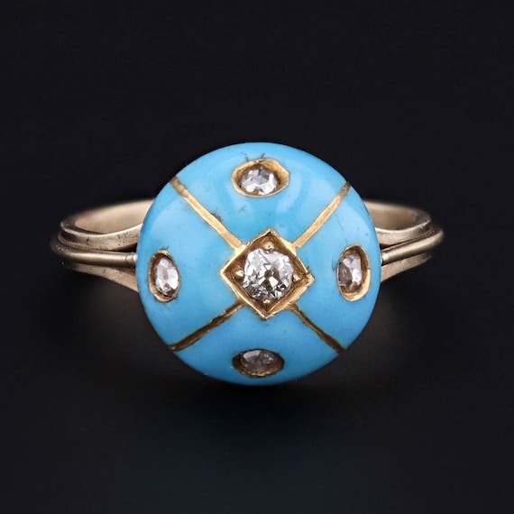 Antique Turquoise Enamel Conversion Ring of 14k G… - image 1