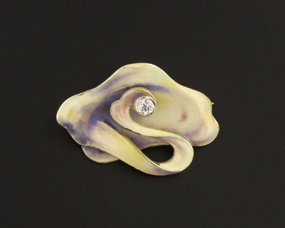 Art Nouveau Enamel Brooch | 14k Gold & Diamond Bro