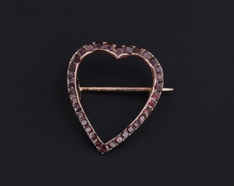Georgian Flat Cut Garnet Heart Brooch of 14k Gold
