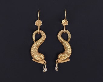 Vintage Fish with Pearl Earrings of 18k Gold