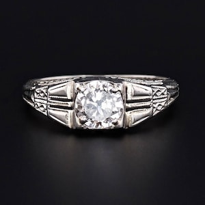 Anillo de compromiso Art Deco con diamantes en oro blanco de 14 k