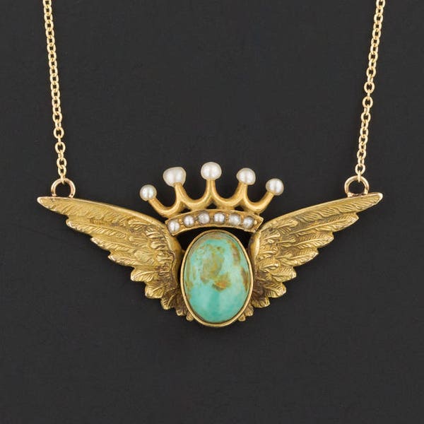 Winged Boulder Turquoise & Pearl Necklace | Antique Pin Conversion Necklace | 14k Gold Necklace | Wings Necklace | Winged Necklace